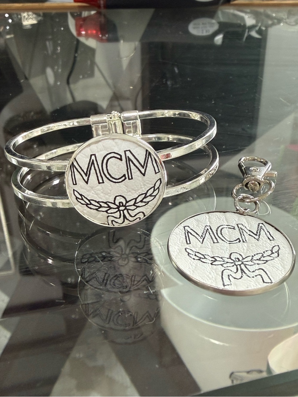 MCM upcycled silver tone bracelet and key pendant clip
